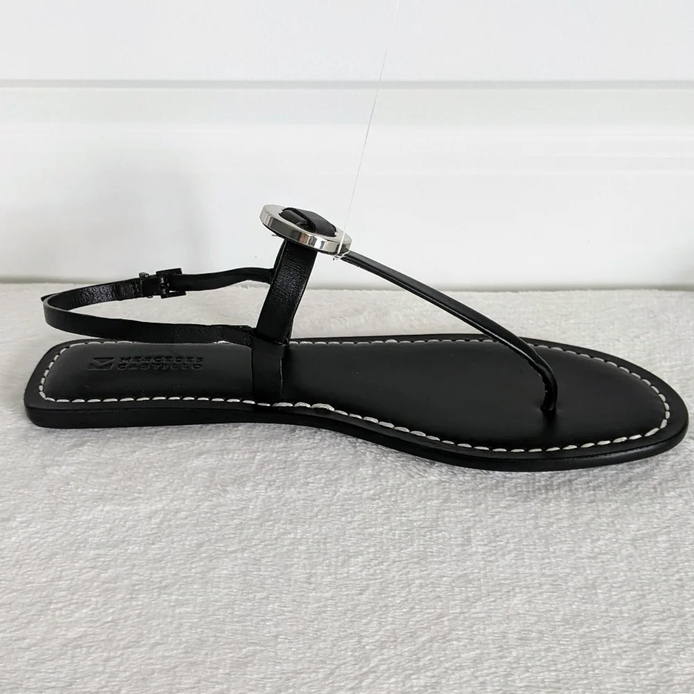 Mercedes Castillo Leather T-Strap Thong Sandal Flat Black Silver EU40 10 NWOB - Picture 7 of 15